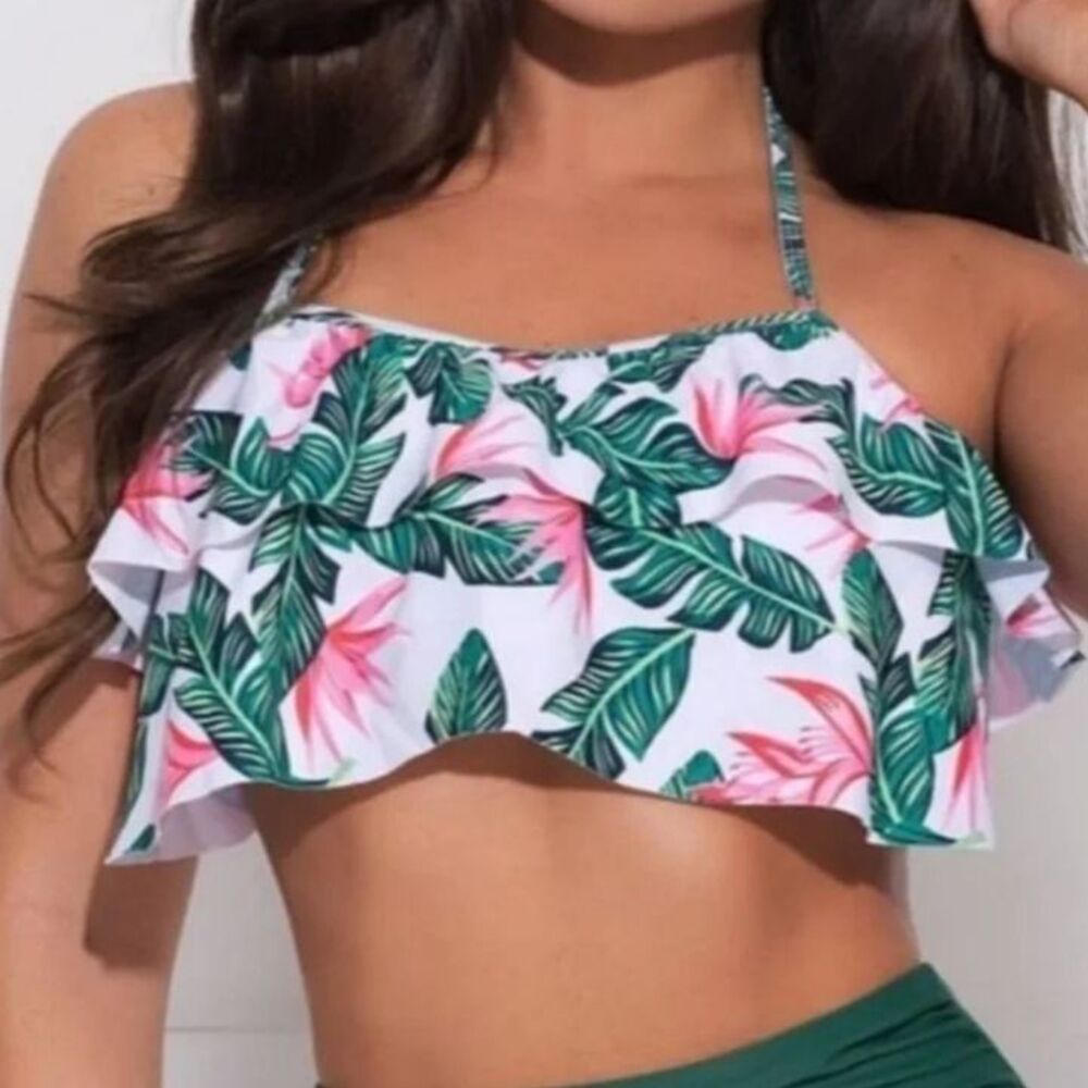 Heat Wave Bikini Top Tropical Leaf Print Ruffle Halter Small